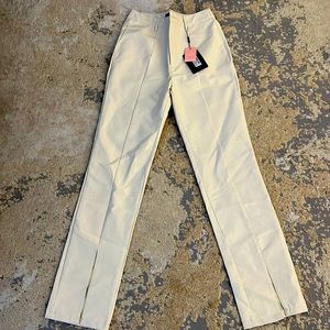 Cream faux crocodile pants with slit on front ankle